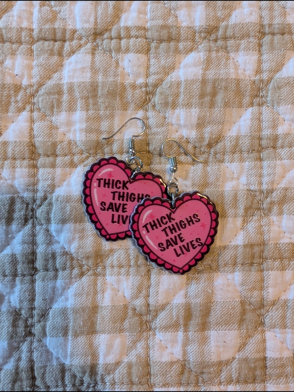 Pink  Handmade 'Thick Thighs Save Lives' Heart Dangle Earrings